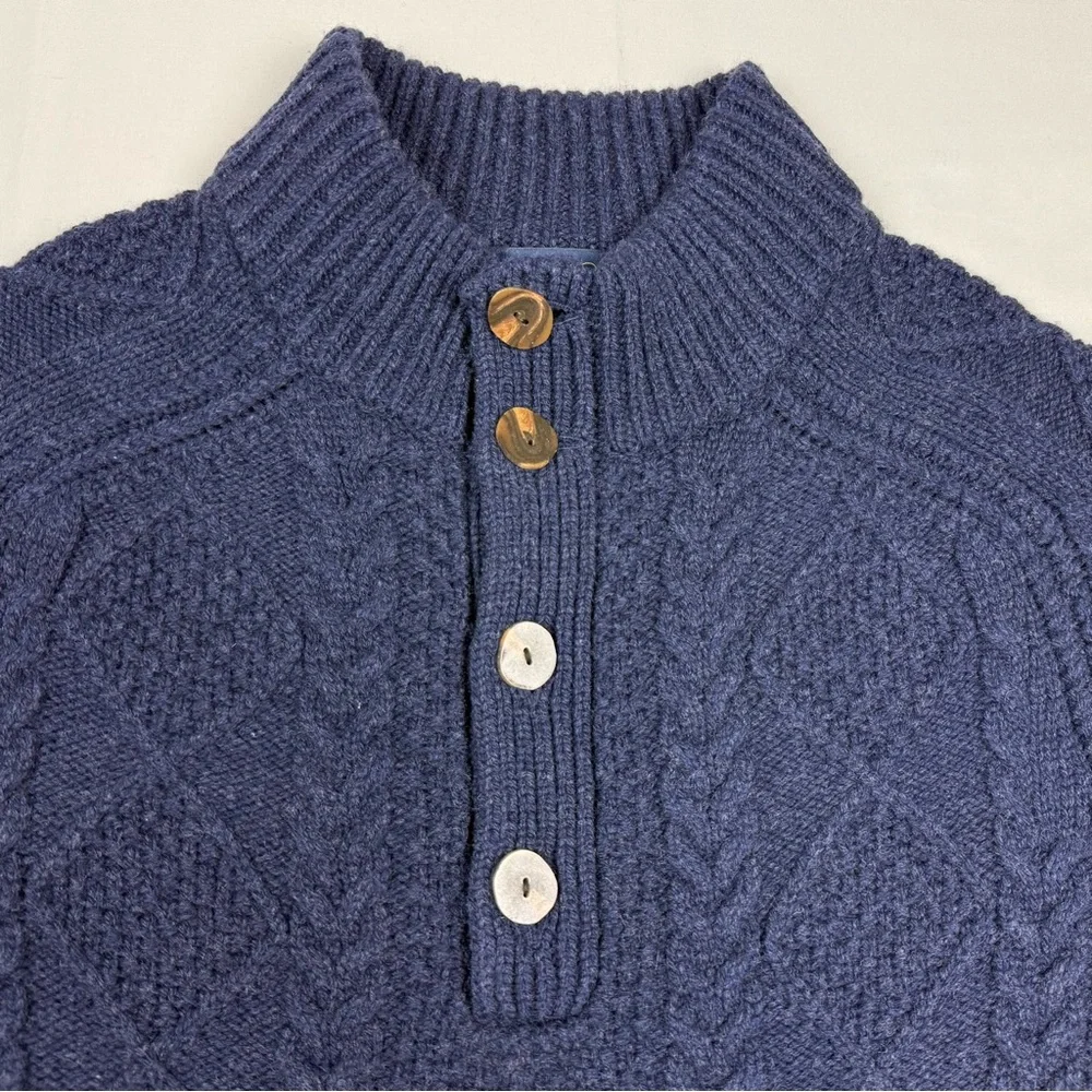Brooks Brothers Mens Cable Knit Sweater Sz Large Merino Wool Button Mock Neck C6